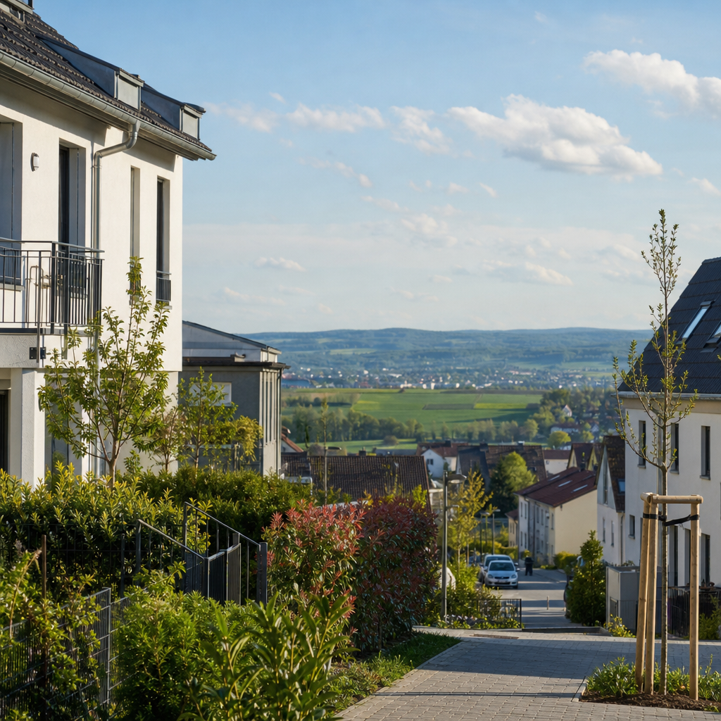 Photorealistic view of a quiet German residential neighborhood with rental homes outside a big city, showing houses, apartments, and a calm suburban street.