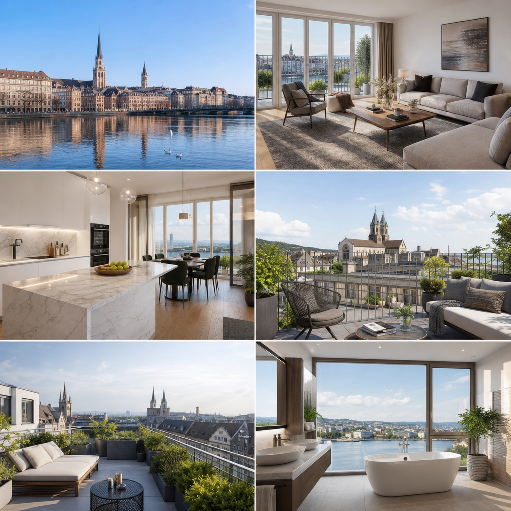 Modern photorealistic scene of Swiss home rentals featuring Geneva, Zurich, Basel, and alpine residential living beyond.