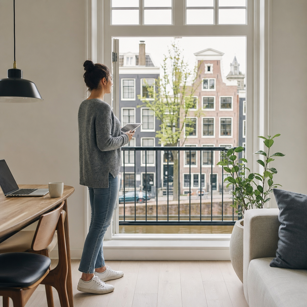 Photorealistic modern scene of a newcomer searching for an apartment in the Netherlands with a laptop, smartphone, documents, and Dutch city details in the background.
