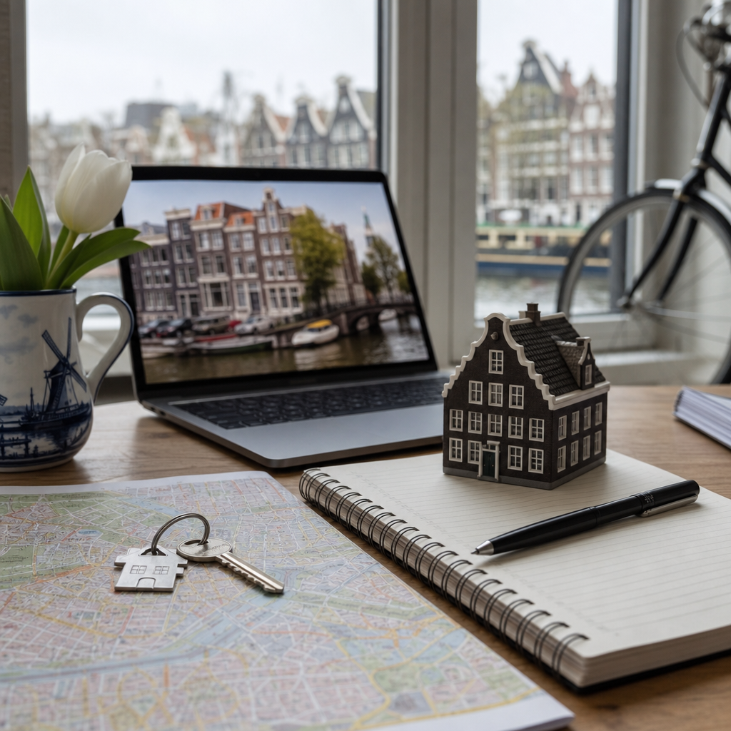 Photorealistic image of newcomers moving into a modern apartment in the Netherlands, with moving boxes, keys, a bicycle, and Dutch city housing in the background.