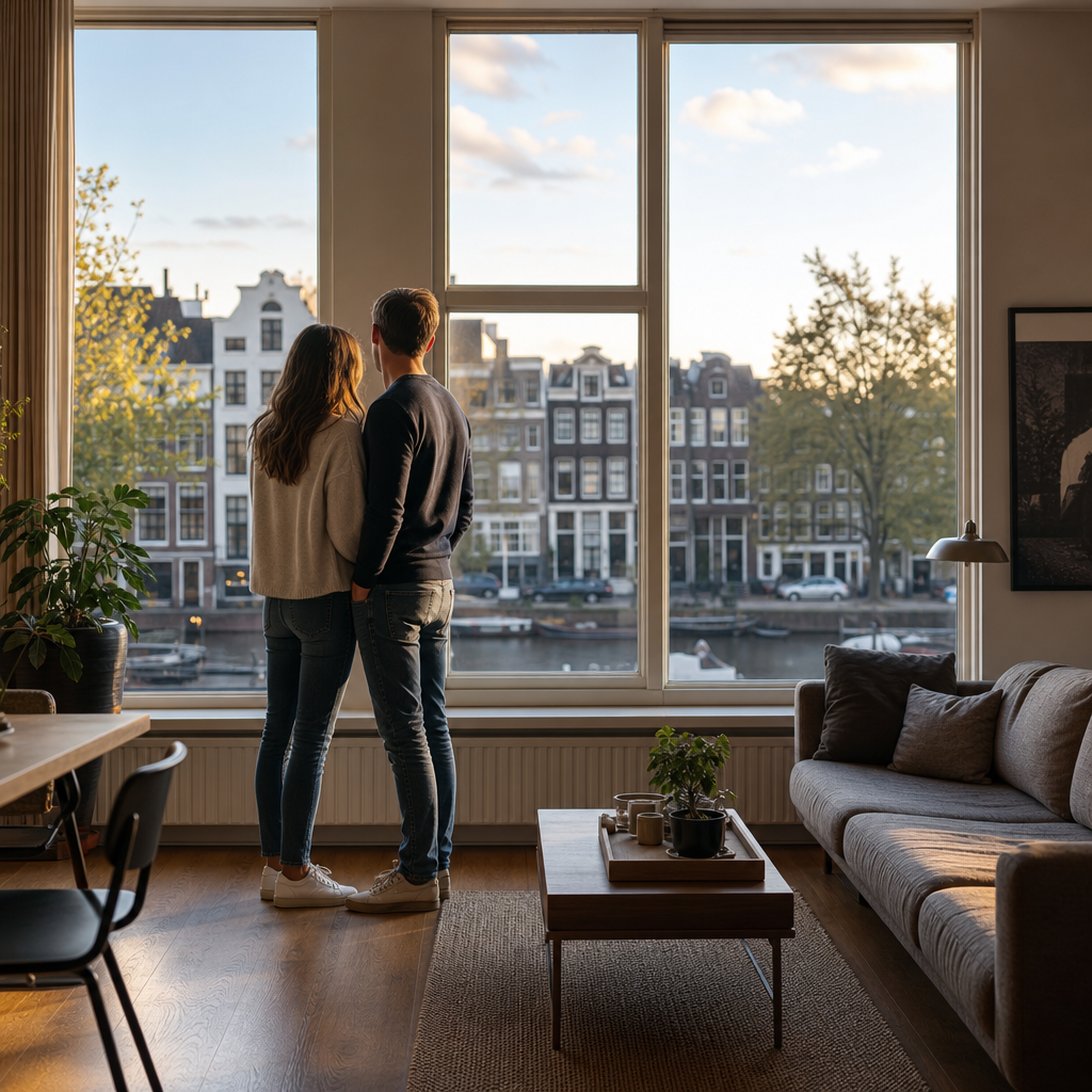 Photorealistic Amsterdam apartment rental scene with a renter checking listings on a smartphone near canal houses, bicycles, and a modern apartment interior in a stylish Dutch neighborhood.