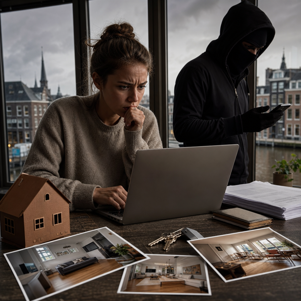 Photorealistic editorial image of an expat and a student inspecting a suspicious apartment rental in the Netherlands, highlighting the risk of rental scams.
